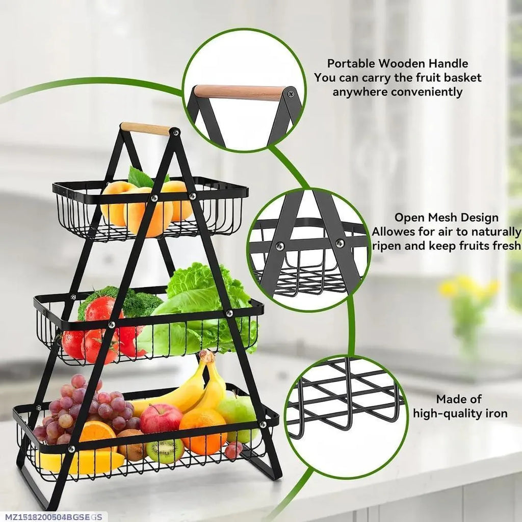 Fruit Basket with Wooden Handle, Open Mesh Design, Durable, Stylish,