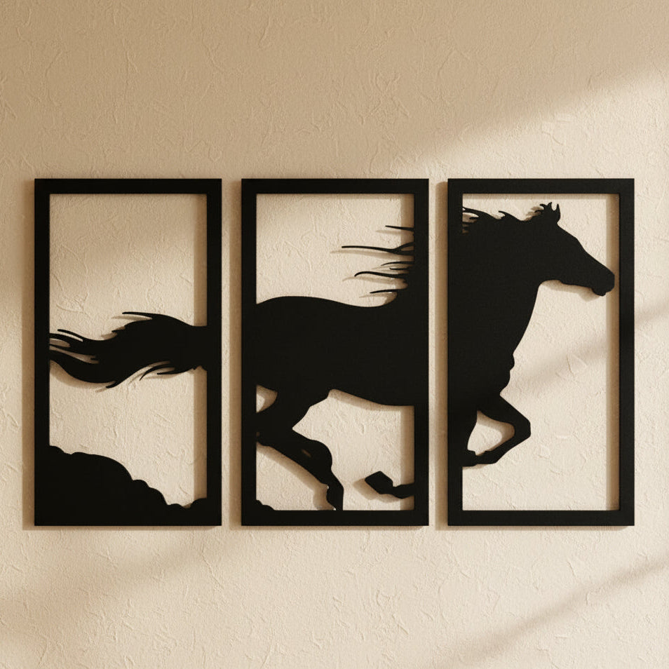 Three Panel Horse Wall Art Black Modern Decor.