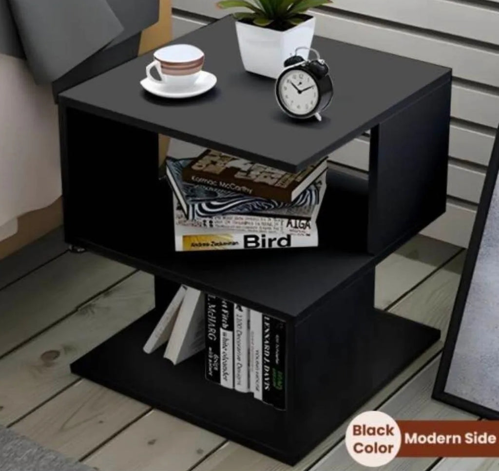 Modern Black Side Table with 2 Shelves for Books Decor.