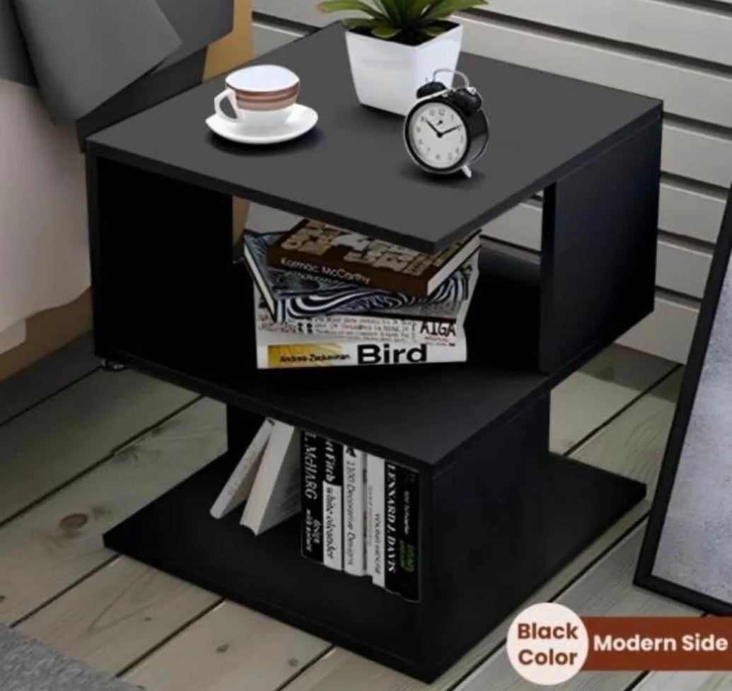 Modern Black Side Table with 2 Shelves for Books Decor.