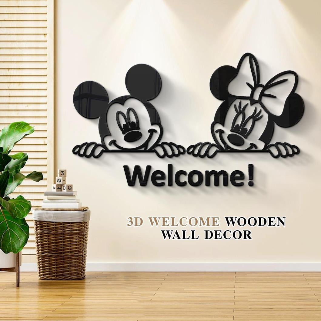3D Mickey Minnie Mouse Wooden Wall Art Black Welcome Decor.