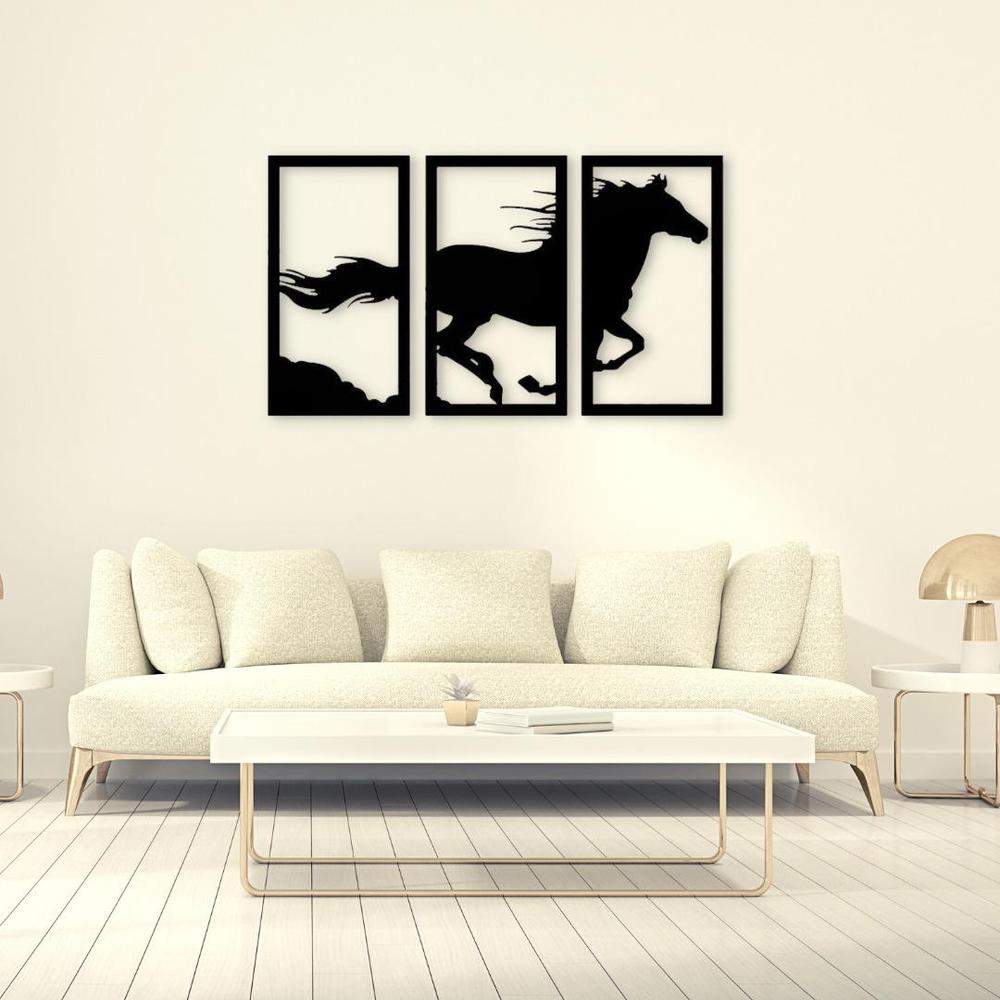 Three Panel Horse Wall Art Black Modern Decor.