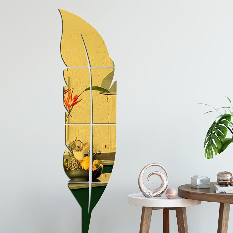 Acralic Golden Leaf Wall Mirror for Living Room Decor.