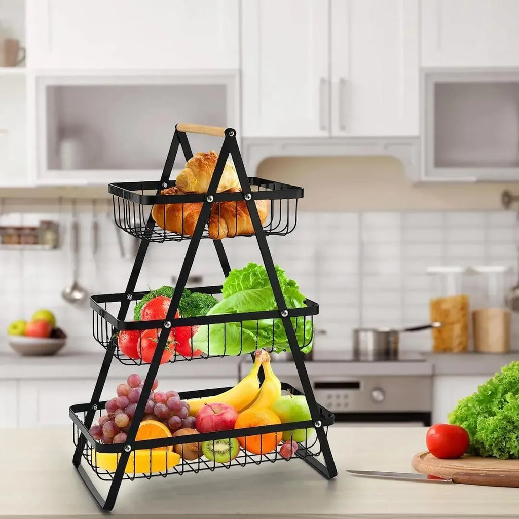 Fruit Basket with Wooden Handle, Open Mesh Design, Durable, Stylish,