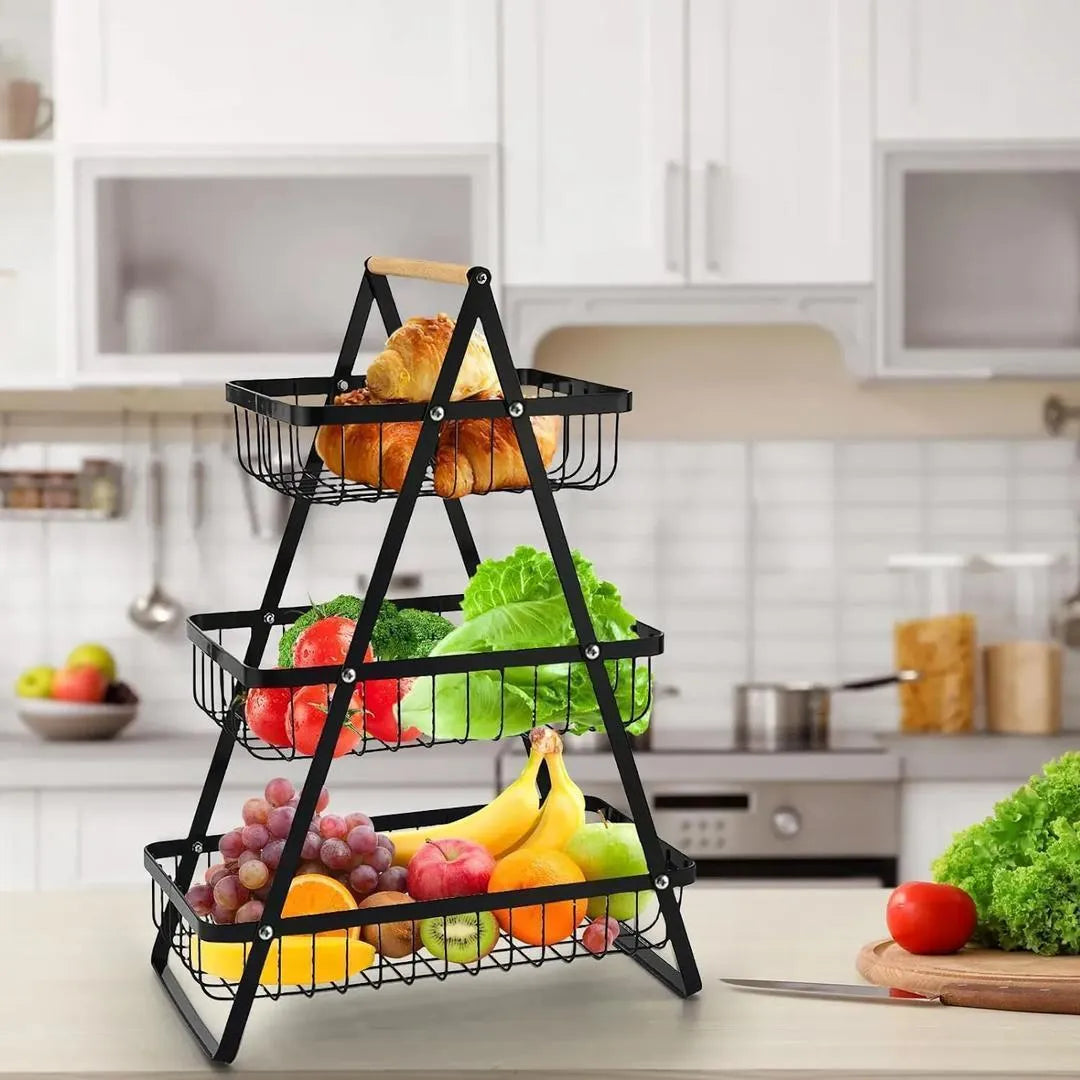 Fruit Basket with Wooden Handle, Open Mesh Design, Durable, Stylish,