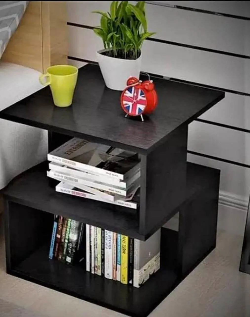 Modern Black Side Table with 2 Shelves for Books Decor.